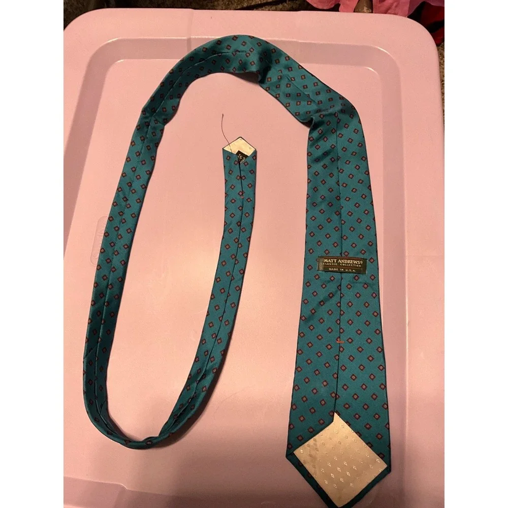 Matt Andrews Classic Collection Teal Silk Geometric Medallion Necktie USA Made